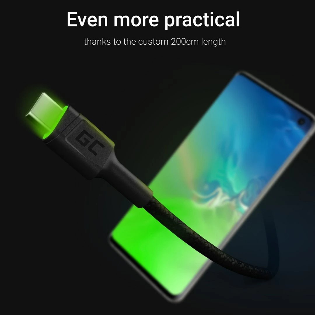 Kabllo USB Green Cell KABGC13, 2 m, USB A në USB C, E zezë