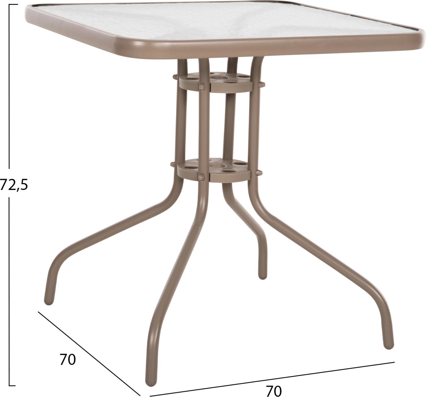 Tavolinë e jashtme katrore FIGO FH5036.04, ngjyrë shampanjë, metal-xham, 70x70x72.5 cm