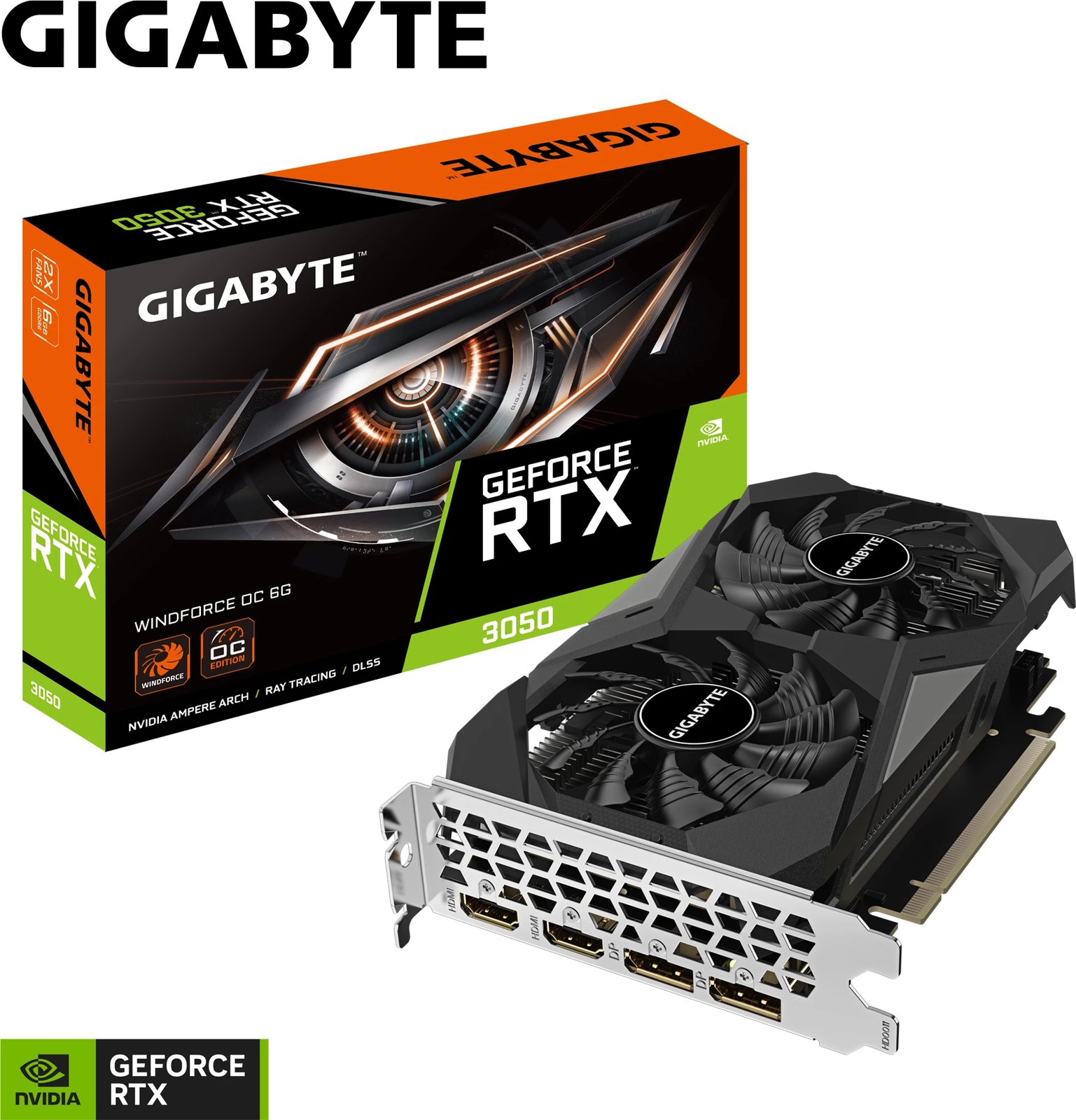 Kartelë grafike GIGABYTE RTX 3050 WINDFORCE OC 6GB, e zezë, gri