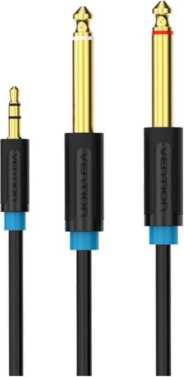 Kabllo audio Vention miniJack 3.5mm/2x Jack 6.35mm, 2m, e zezë