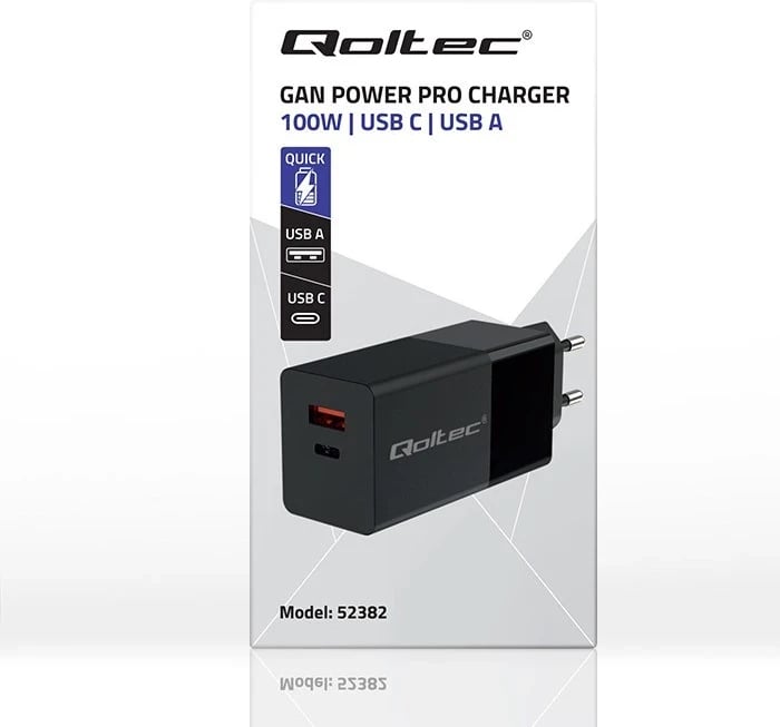 Karikues Qoltec GaN POWER PRO, 1xUSB type C, 1xUSB A, 100W, zi