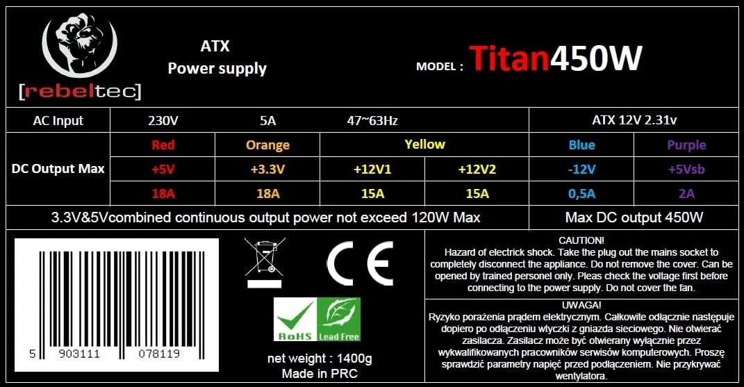 Stromforsyning Rebeltec TITAN 450, ATX, E zezë