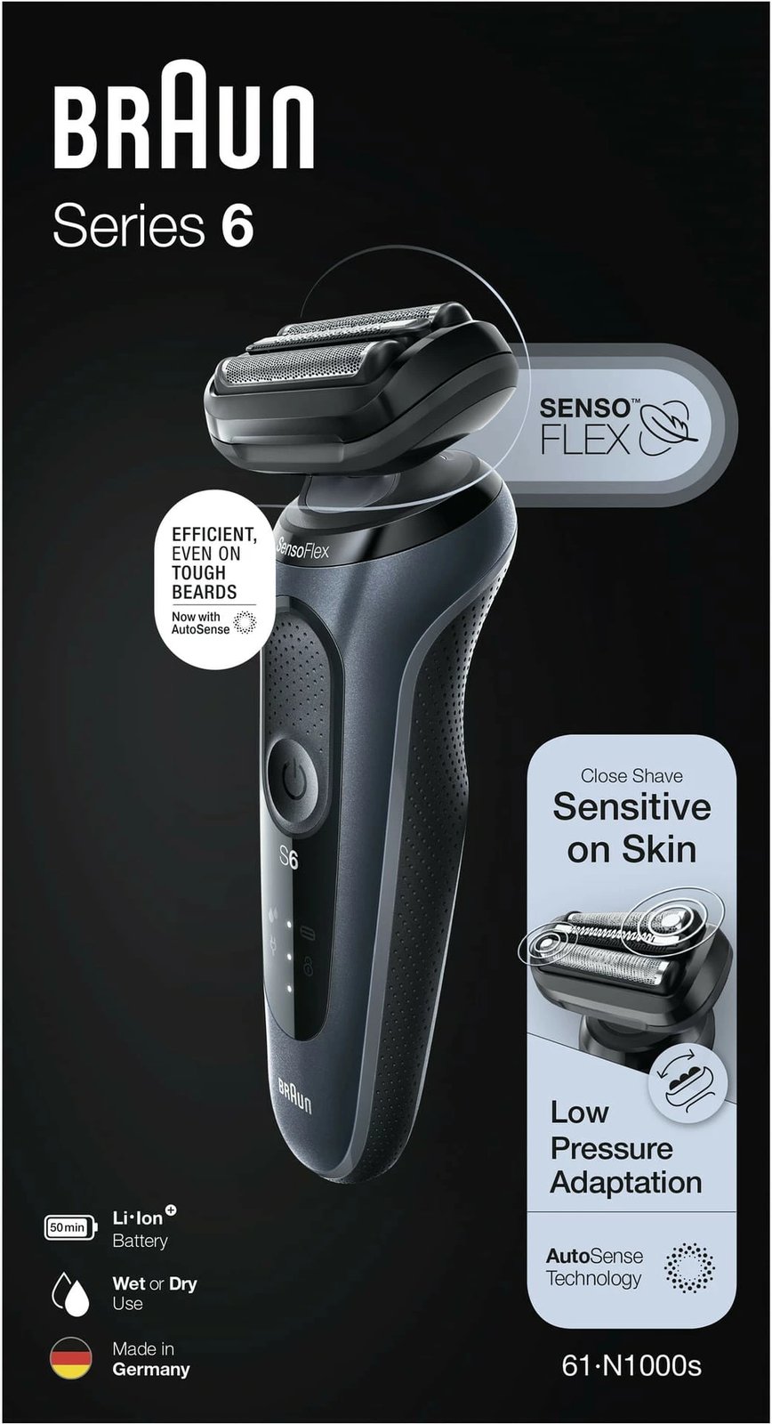 Makinë rroje Braun Series 6 61-N1000s, Foil shaver, SensoFlex, SensoFoil, Butona, LED, Bateri, E zezë, Gri
