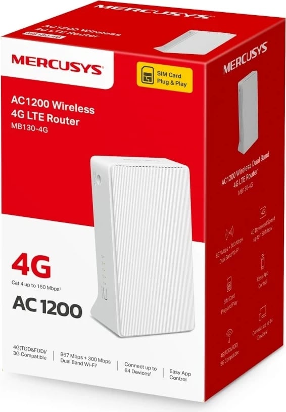 Router wireless Mercusys MB130-4G, Dual-band (2.4 GHz / 5 GHz), Bardhë