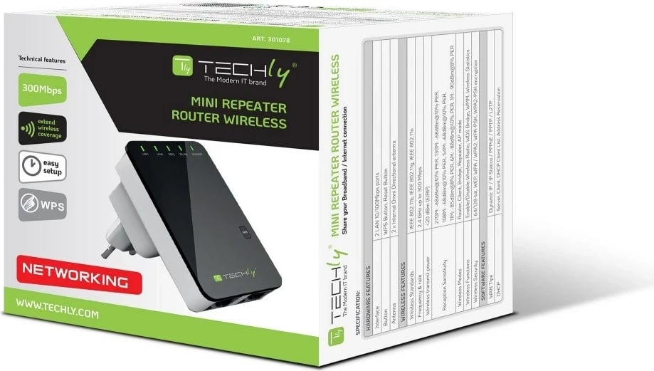 Router wireless Techly I-WL-REPEATER2, 300 Mbit/s, Bardhë