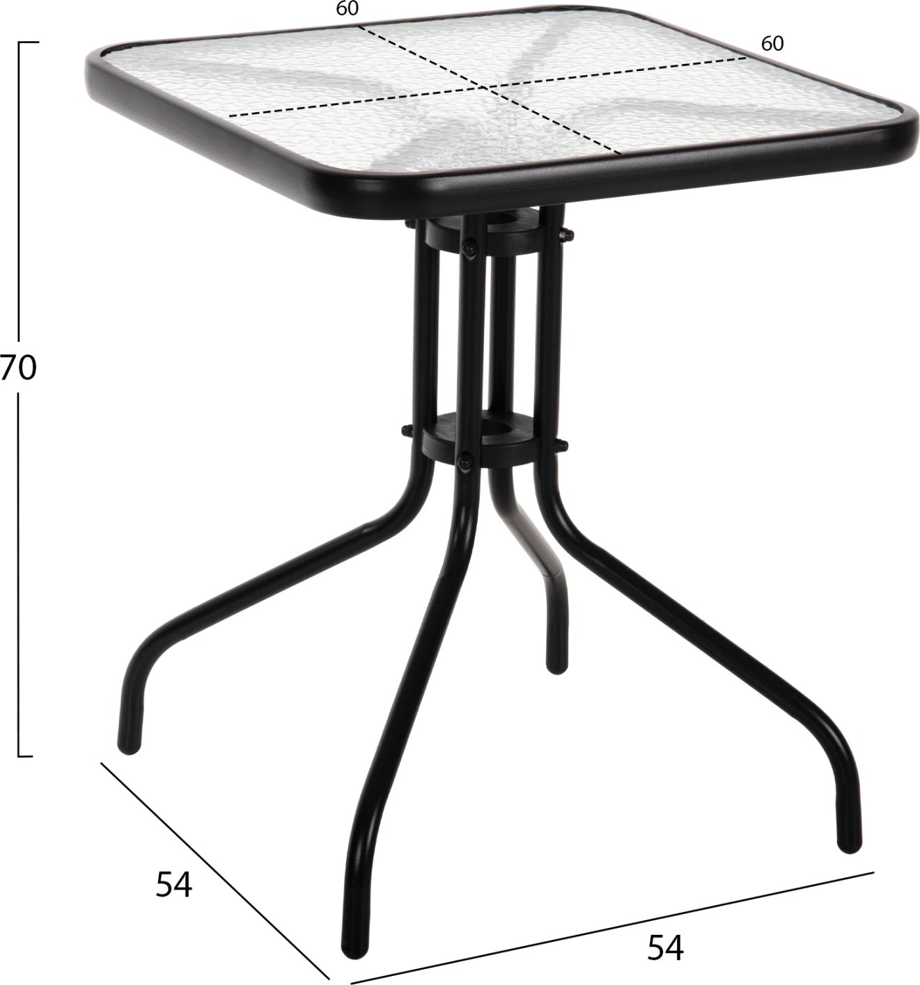 Tavolinë e jashtme katrore FIGO FH5035.03 metalike-xhami, 60Χ60Χ70Hcm, e zezë