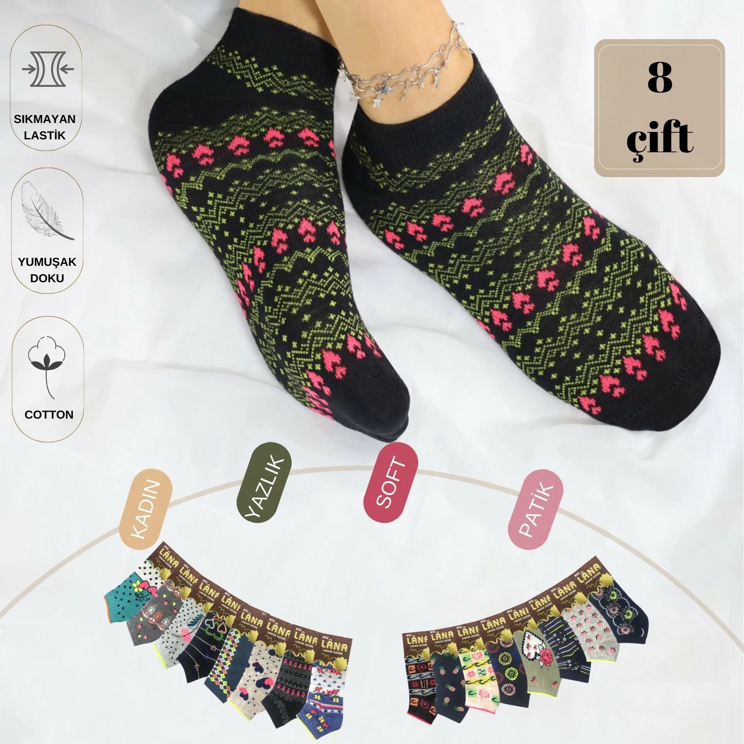 Çorape për femra Kral Socks, shumëngjyrëshe, set 8 copë