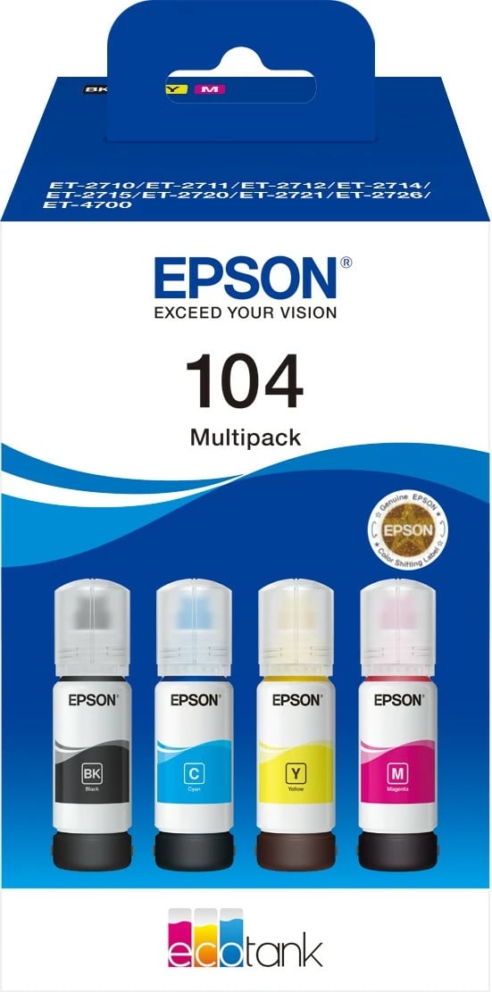 Set boje Epson 104 EcoTank, 65 ml, për EcoTank ET-2715 ET-2714 ET-2712 ET-2711 ET-2710, e zezë, cyan, magenta, e verdhë