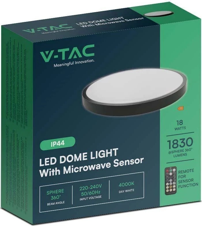 Plafond V-TAC VT-8618S 18W LED IP44 30cm me sensor lëvizjeje 4000K 1830lm, e zezë