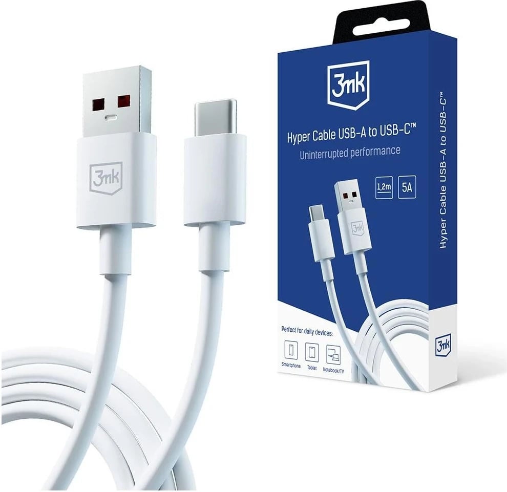 Kabllo karikuese 3mk Hyper USB-A - USB-C 1.2m 5A, e bardhë