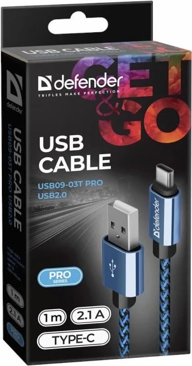 USB kabllo Defender 1m, 2.1A, Niebieski