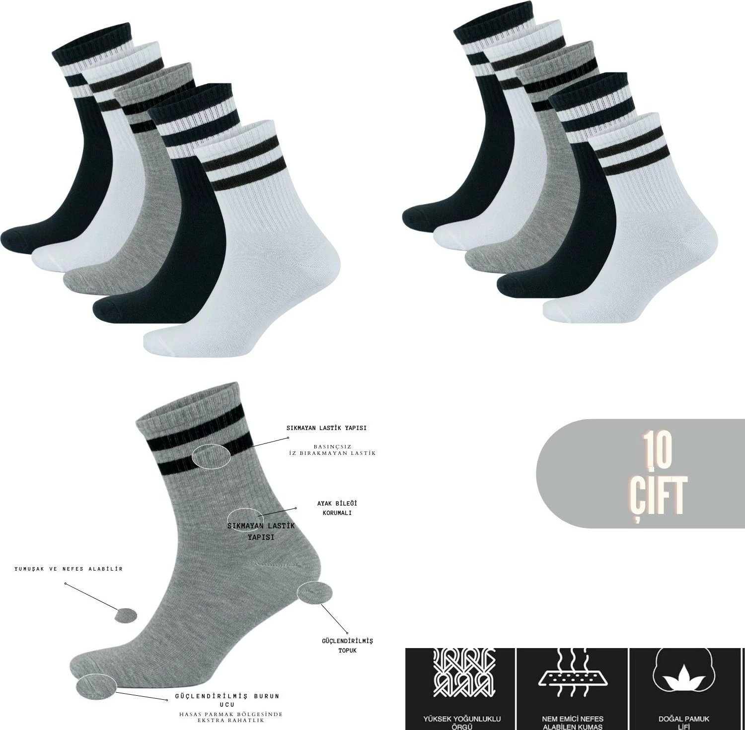 Çorape për meshkuj femra Kral Socks, model tenisi, set 10 copë, të zeza të bardha