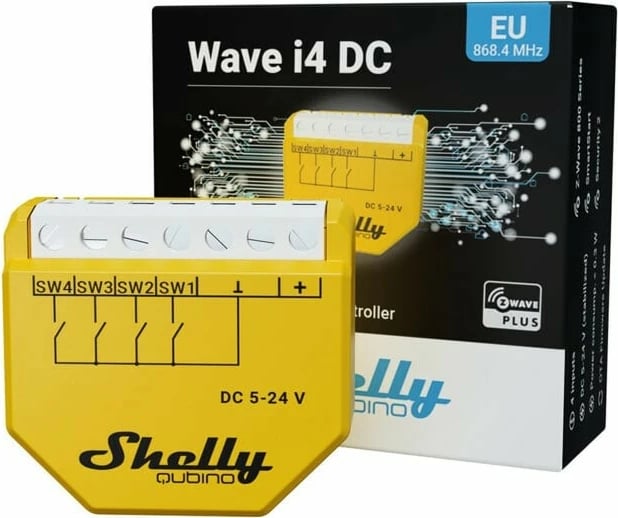 Smart switch Shelly Qubino Wave i4 DC, Wireless, 25 dBmW, 868.4 MHz, Verdhë