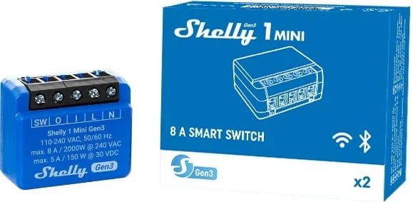 Smart switch Shelly 1 Mini Gen3, 1P, Wireless, 20 dBmW, 30 m, Blu