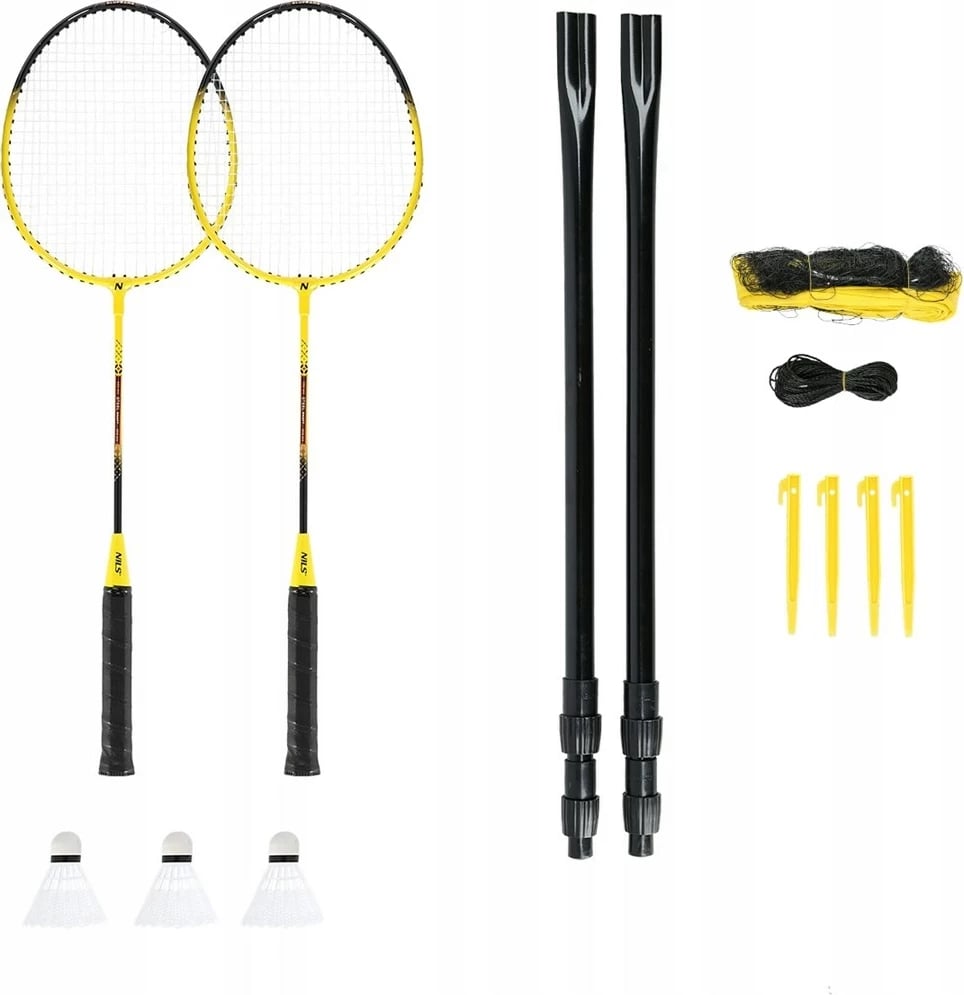 Set badminton NILS NRZ262, 2 raketa, 3 kokrra, rrjetë 600x60cm, ngjyrë e verdhë