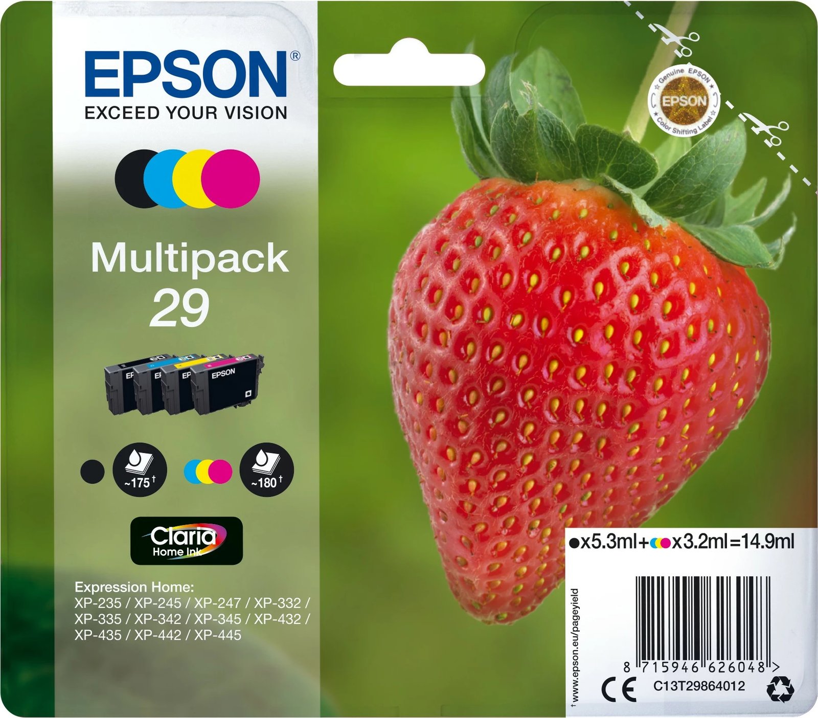 Multipack bojë Epson Strawberry 4 ngjyra 29 Claria Home Ink, Standard Yield, 5.3 ml, 3.2 ml, 1 copë, 175 faqe