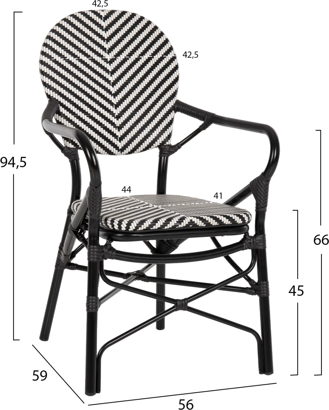 Karrige alumini për jashtë, e zezë me tekstilene bardhë e zi, FH5928.01, 56x59x94.5 cm