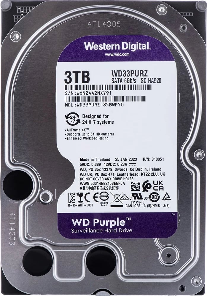 Disk HDD WD Purple WD33PURZ, 3 TB ; 3.5"; 256 MB; 5400 obr/min