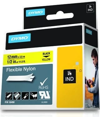 Letër ngjitëse DYMO IND Flexible Nylon, 12mm x 3.5m, E zezë në të verdhë