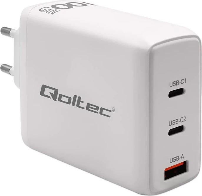 Karikues muri Qoltec 100W GaN, 2 x USB-C PD, 1 x USB QC 3.0, Bardhë