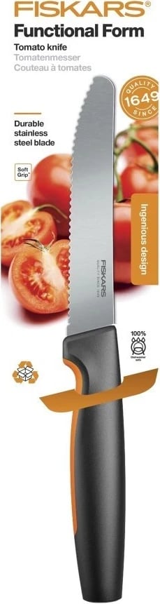 Thikë për domate Fiskars Functional Form 1057543, 12 cm, inox, zi-portokalli