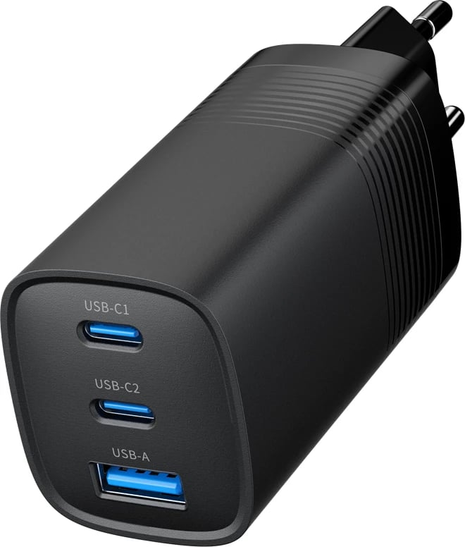 Mbushës i shpejtë GEMBIRD TA-UC-PDQC65-01-BK, 3-port 65W GaN USB PowerDelivery, i zi