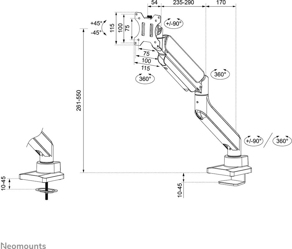 Krah monitori tavoline Neomounts DS70PLUS-450WH1, për ekrane ultra të gjera të lakuara, Clamp/Grommet, 18 kg, 43.2 cm (17"), 124.5 cm (49"), 100 x 100 mm, Bardhë