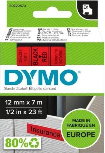 Kasetë etiketuese DYMO D1 Standard, 12mm, e zezë në të kuqe