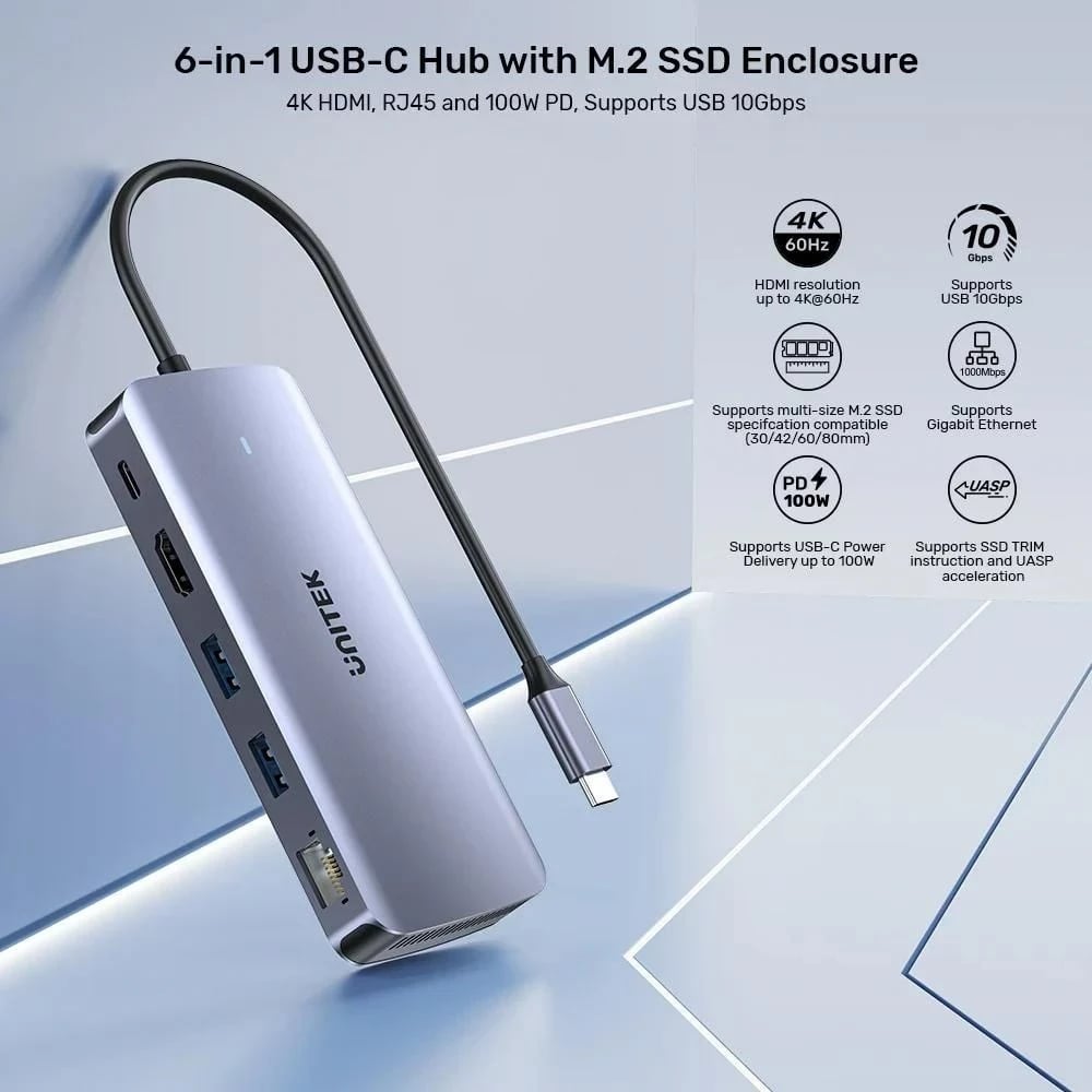 Hub USB-C UNITEK Active, 10Gbps, M.2, HDMI, PD 100W, Gri