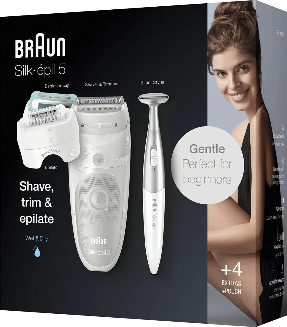 Epilator Braun Silk-épil 5 për femra, me trimer bikini, Bardhë