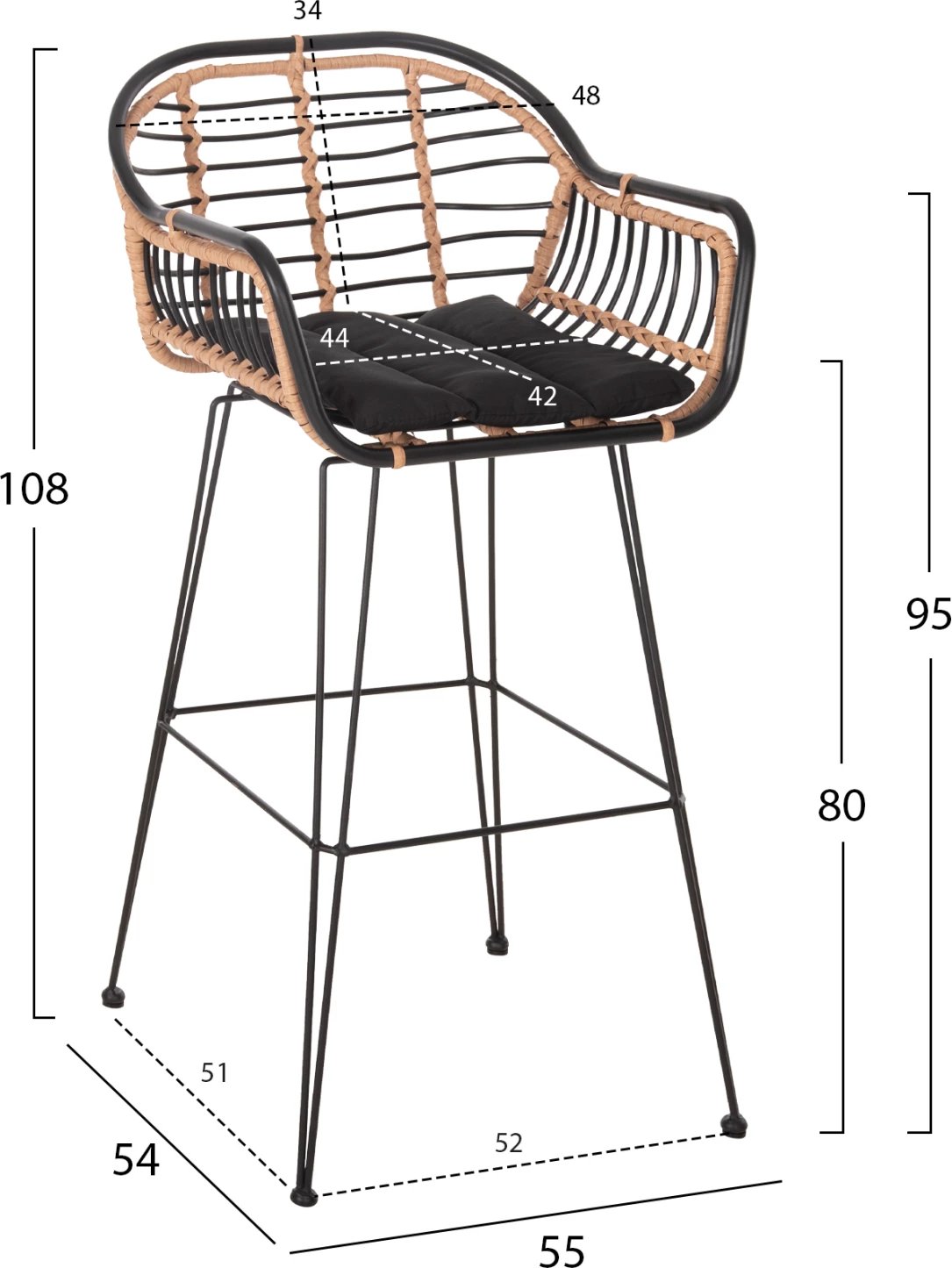 Karrige për bar ALLEGRA FH5690.11 metal & jastëk, e zezë - thurje beixh 55x54x108H cm.