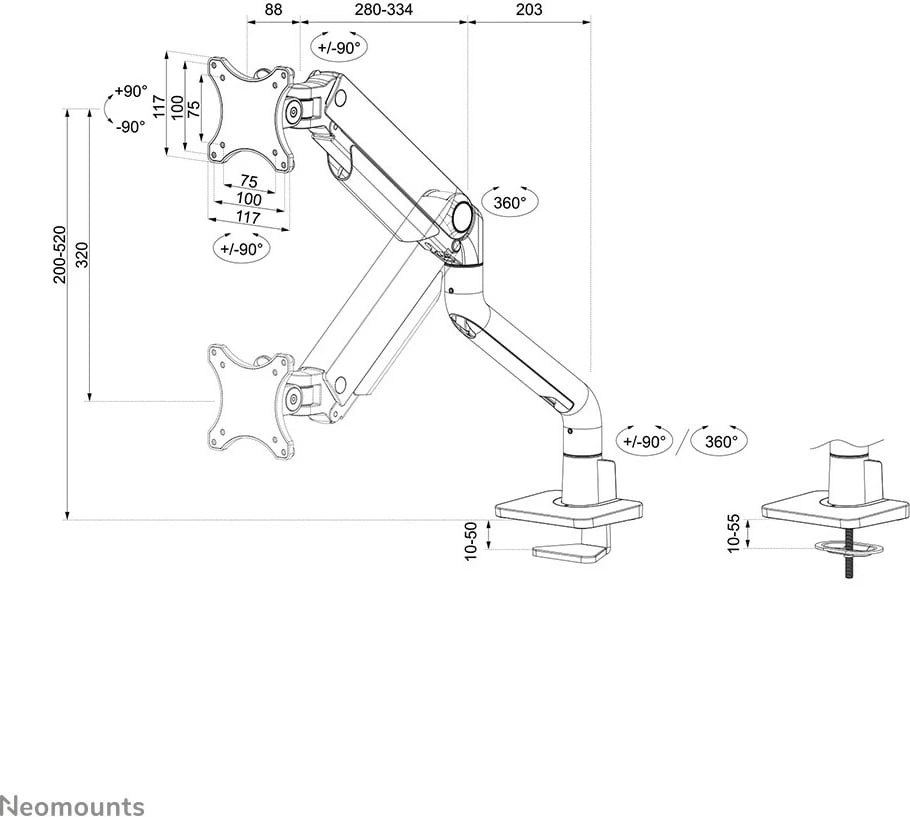 Krah monitori Neomounts DS70S-950WH1, Clamp/Grommet, 18 kg, 43.2 cm (17"), 124.5 cm (49"), 100 x 100 mm, Bardhë