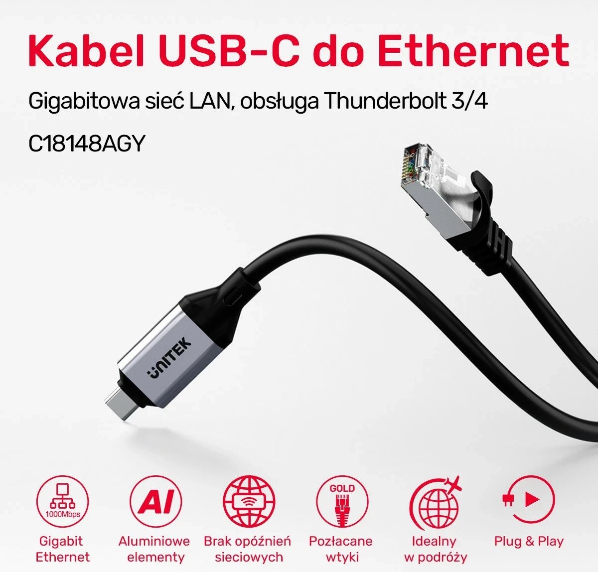 Kabllo  Ethernet Unitek USB C RJ-45 LAN, 2m, e zezë