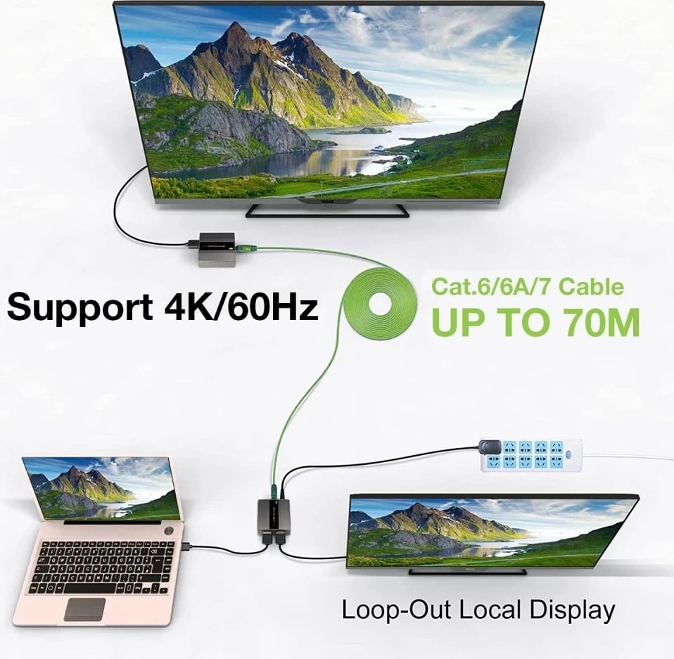 Zgjatës HDMI Techly 364187, përmes Cat6/6a/7, 4K 60Hz, Pa Vonesë, IR, deri në 70m, ngjyrë e zezë