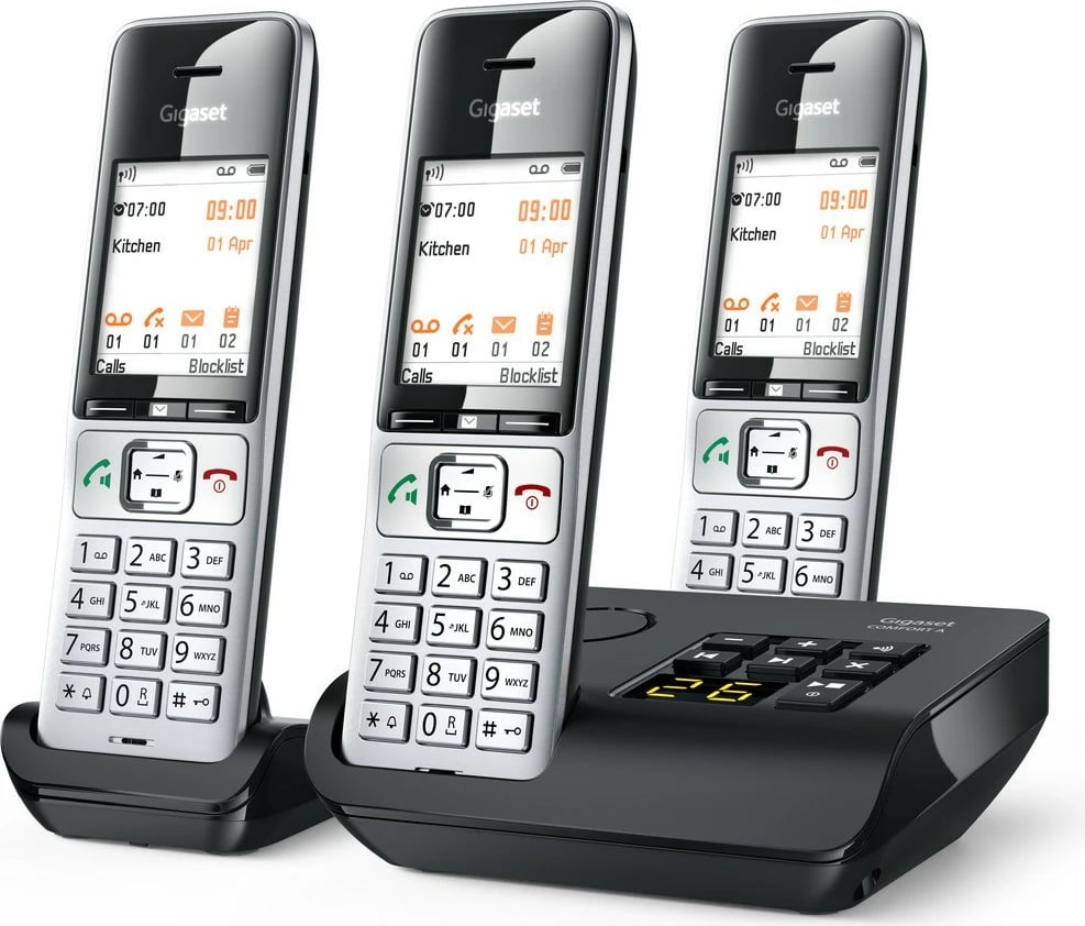 Telefon Gigaset COMFORT 500A Trio, Analog/DECT, Mbështjellës me kabllo, Altoparlant, 200 kontakte, ID thirrës, Ngjyrë e zezë, Argjend