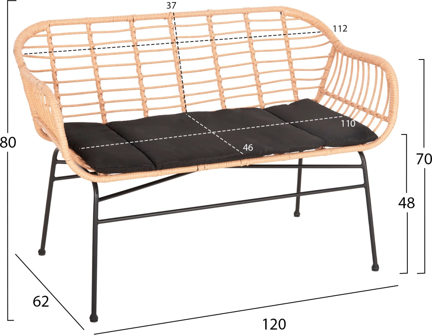 Divan për jashtë ALLEGRA FH6077 metal i zi-P.E. Rattan në bezhë 120x62x80Hcm