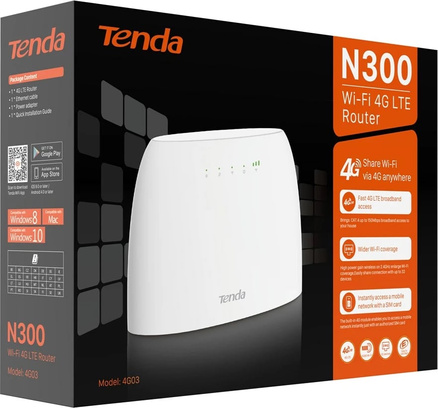 Router Tenda N300, wireless, 2.4 GHz, 4G, i bardhë 