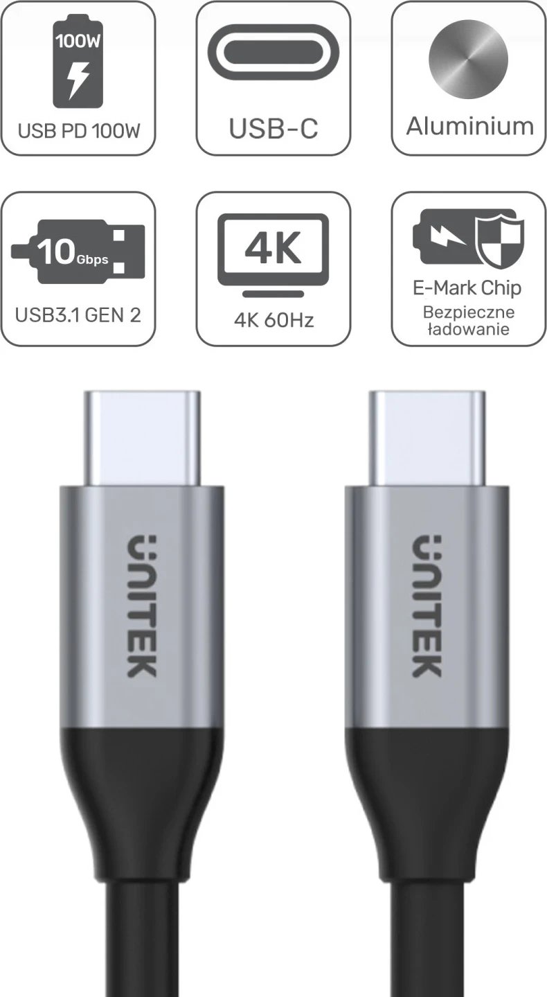 Kabllo Unitek USB-C në USB-C, 10Gbps, 4K 60Hz, 20V/5A, e zezë