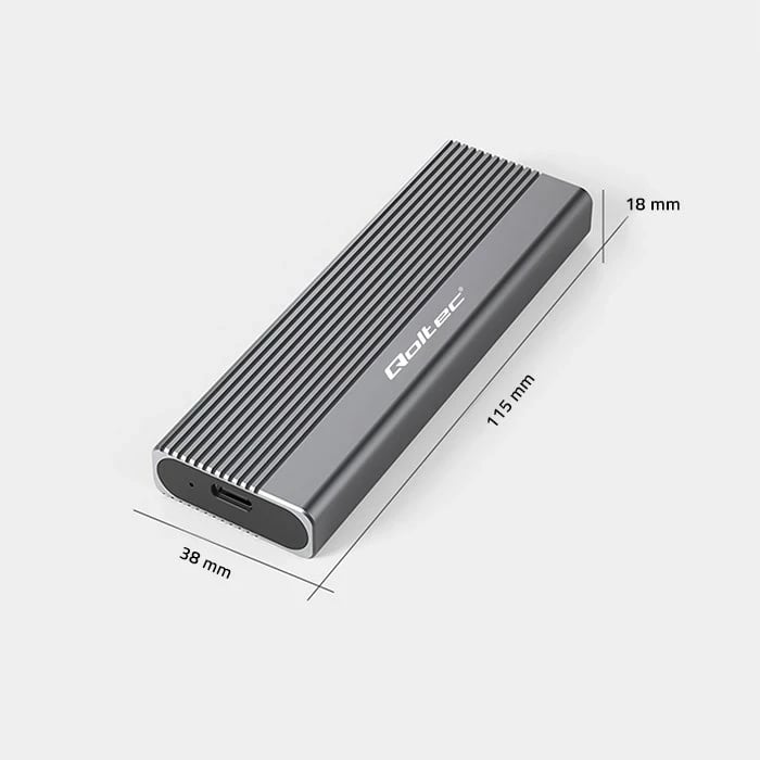 Kasë Qoltec 52267 për SSD M.2, SATA, NGFF, USB-C, 2TB, Gri