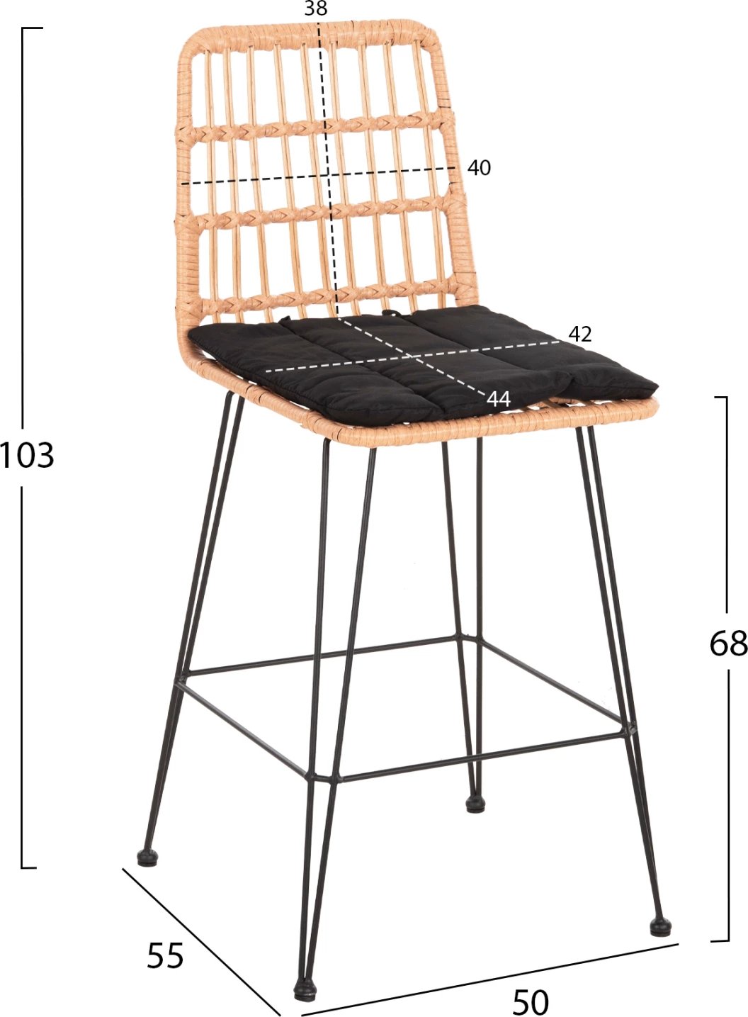 Karrige për bar, lartësi mesatare, ALLEGRA, FH5643.11, metal dhe jastëk, ngjyrë e zezë dhe bexh, 50x55x103H cm