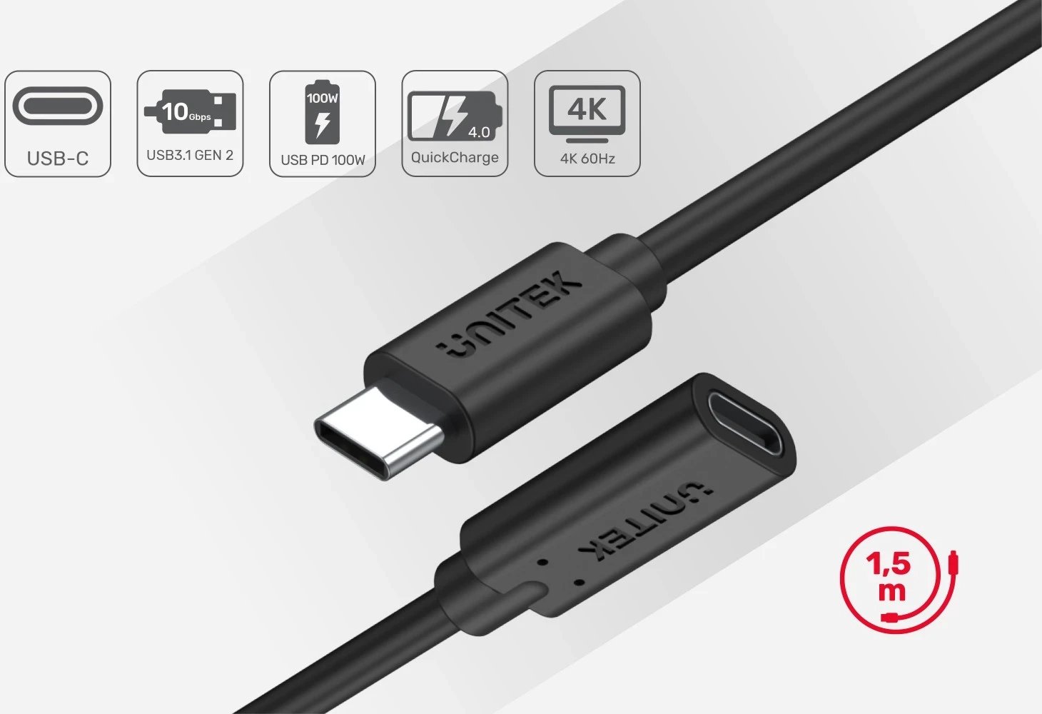 Kabllo zgjatëse Unitek USB-C 10Gbps 4K, PD 100W, 1.5 metra, e zezë