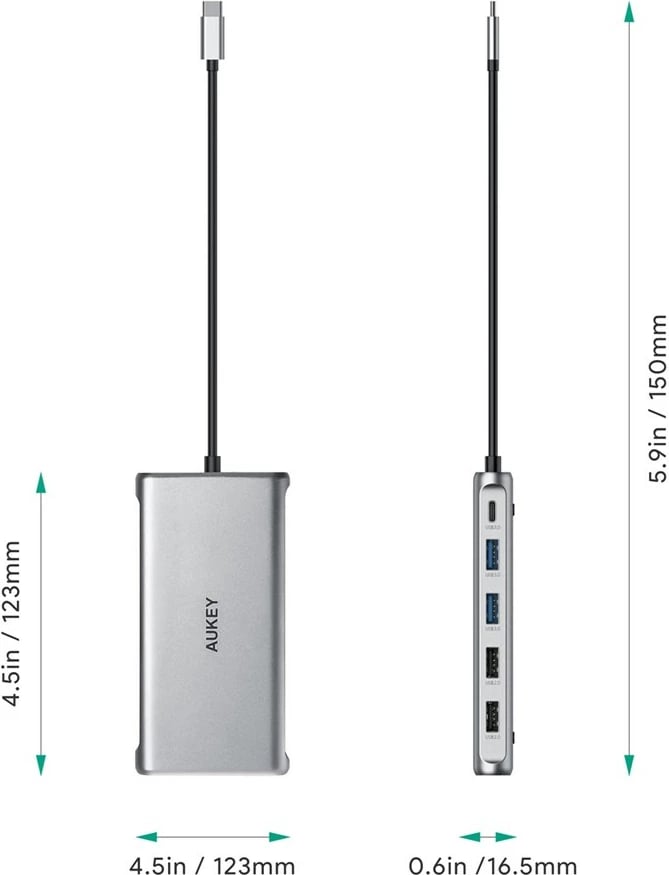 Hub AUKEY CB-C78, 5000MB/s,  2xHDMI 4k 30Hz, i hirtë / zi