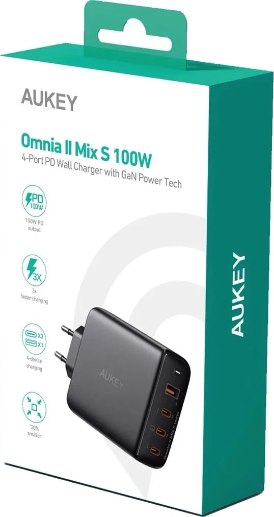 Mbushës muri AUKEY PA-B7S Omnia II GaN me 3xUSB-C dhe 1xUSB-A PD 3.0 PPS 100W, i zi