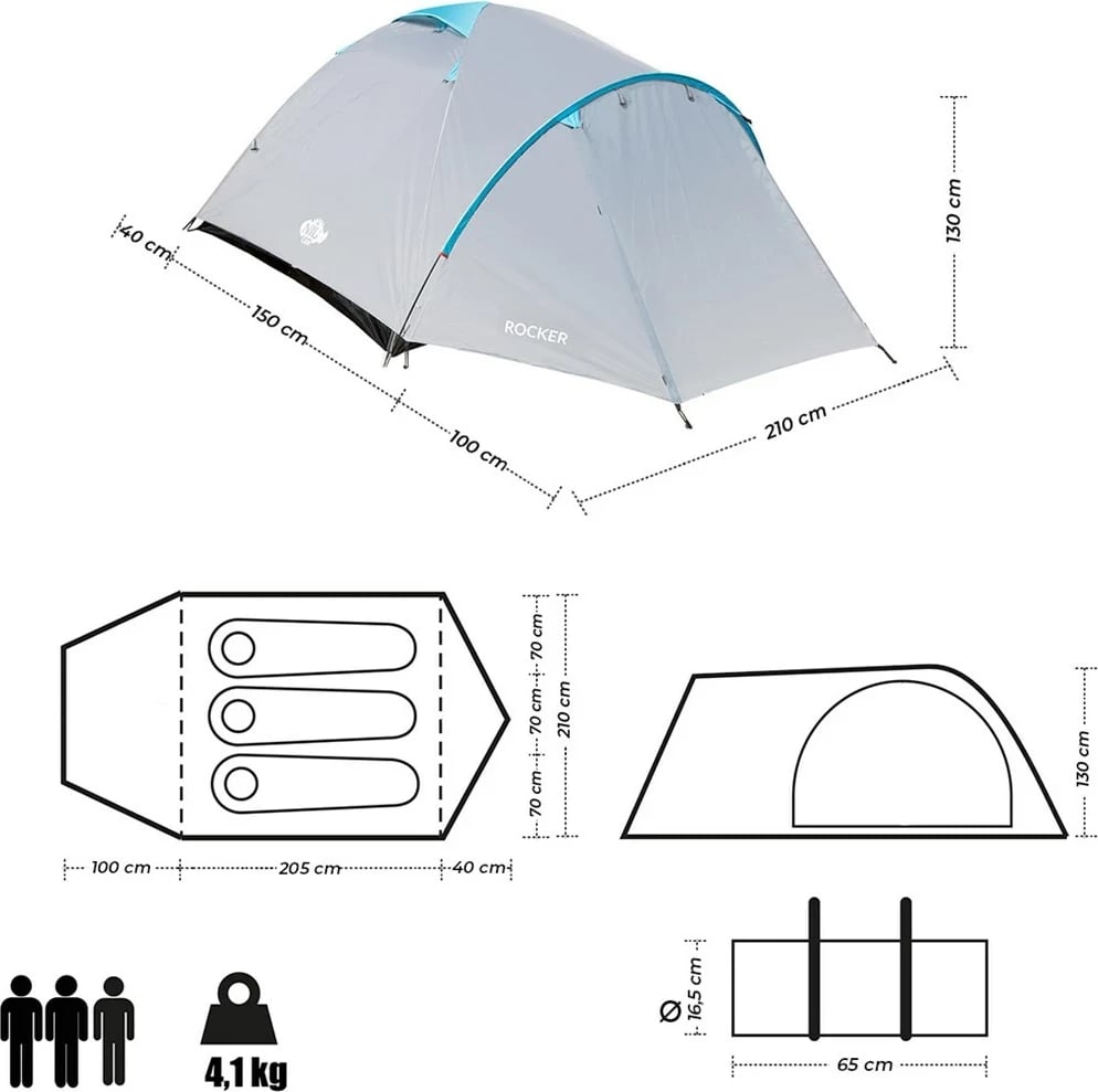 Tendë kampingu NILS eXtreme ROCKER NC6013, për 3 persona, Gri