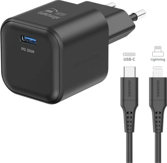 Karikues Swissten GaN 1x USB-C 35W POWER DELIVERY + KABLLO USB-C/USB-C 1,2 M