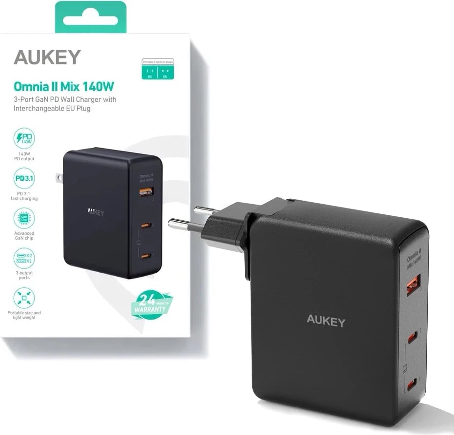 Karikues muri AUKEY PA-B7O Omnia II GaN 2xUSB-C 1xUSB-A PD 3.1 PPS 140W i zi