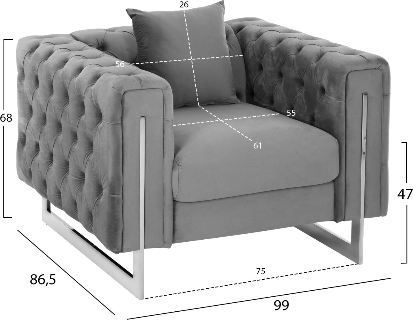 Karrige e ulët Chesterfield, MOBAR, kadife gri, këmbë metali, 99x86.5x77H cm.