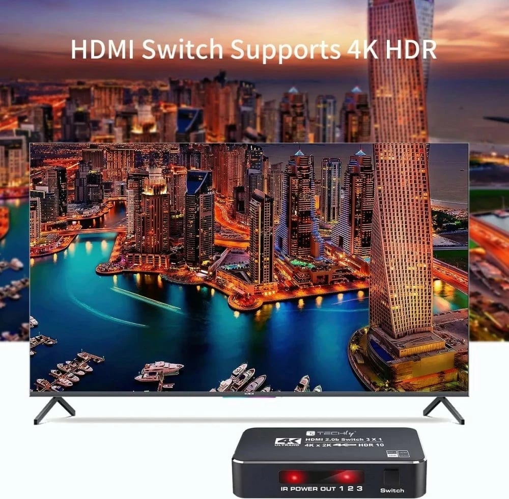 Switch HDMI Techly 367171, 3 porte, 4K 60Hz, me pilot IR, e zezë