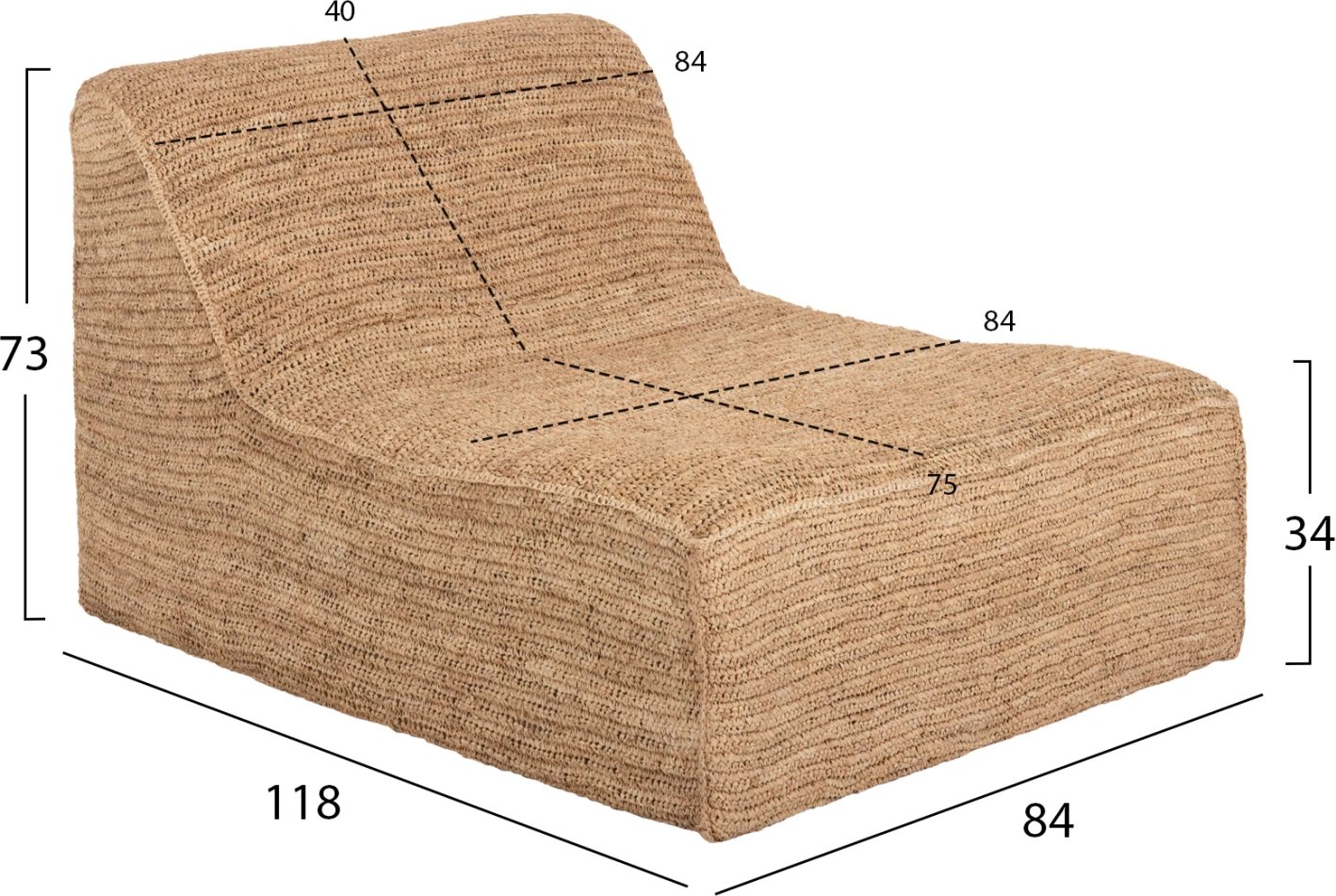 Pouf-lounger Bibloc, kornizë druri teak, mbulesë hydrohyacinth, 84x118x73H cm