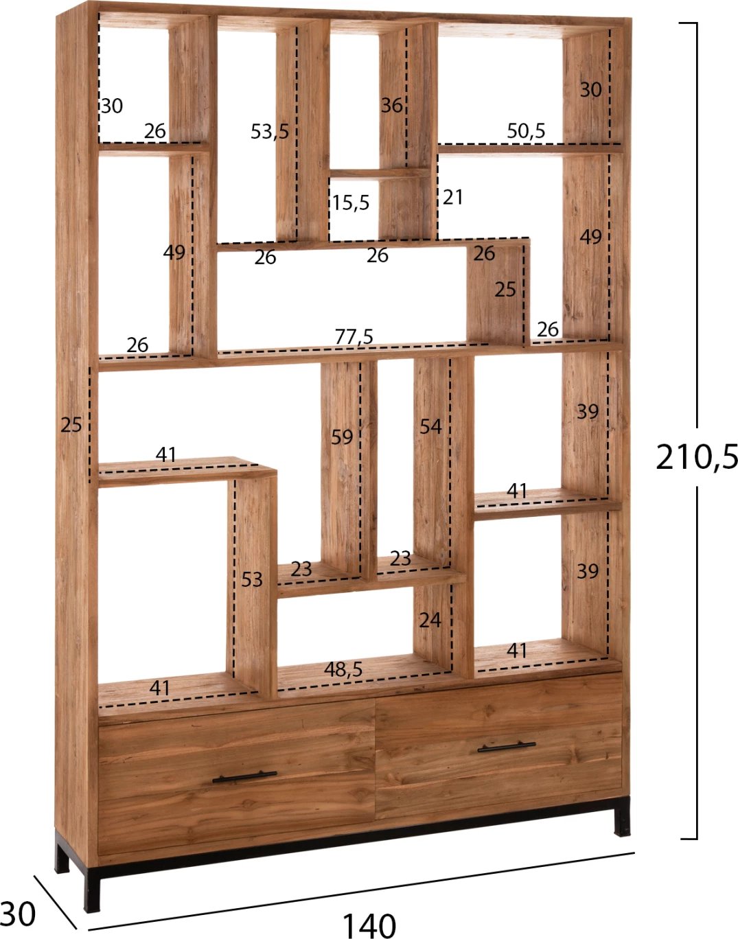 Bibliotekë ROMULUS, dru TEAK i ricikluar, 2 sirtarë, 140x30x210.5H cm